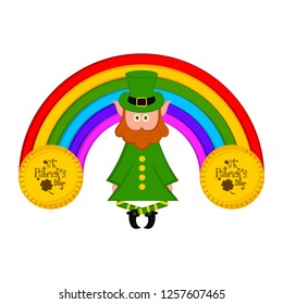 Irish elf with a rainbow and saint patrick day coins. Vector illustration design