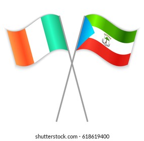 Irish and Equatorial Guinean crossed flags. Ireland combined with Equatorial Guinea isolated on white. Language learning, international business or travel concept.