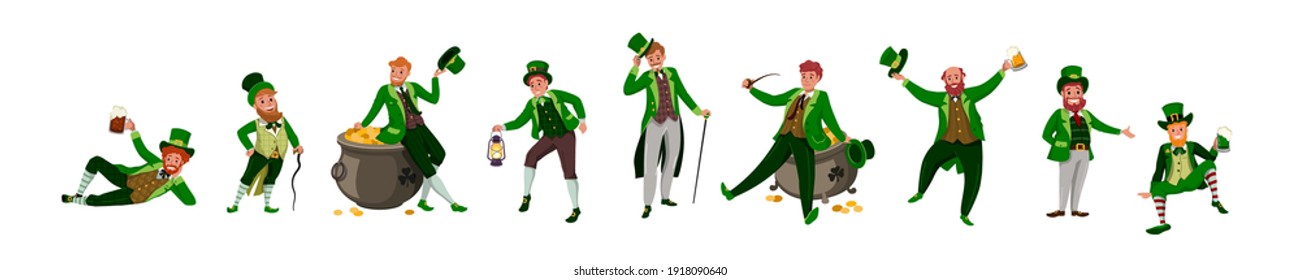 Irish fantastic character leprechaun set in different poses. Saint Patrick's day vector cartoon characters on white background