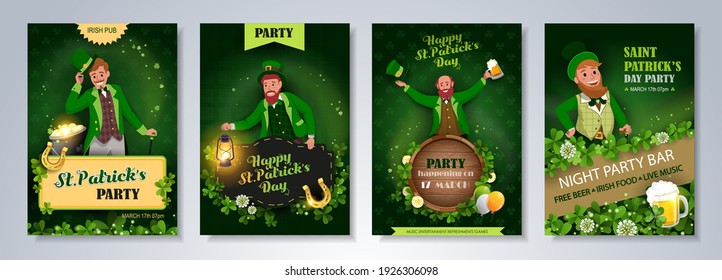 Irish fantastic characters leprechauns in different poses on green background. Saint Patrick's Day party flyer, brochure, holiday invitation. Vector illustration.