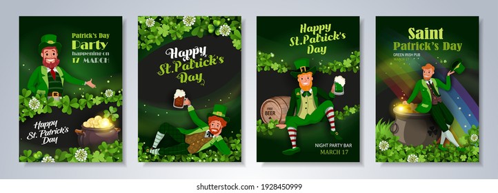 Irish fantastic characters leprechauns in different poses on green background. Saint Patrick's Day party flyer, brochure, holiday invitation. Vector illustration.