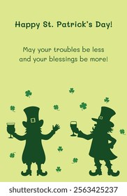 Irish festive postcard design with leprechaun silhouettes and shamrocks