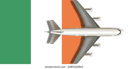 Irish flag with an airplane flying over it close up. Vector image.