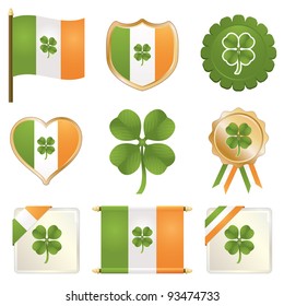 irish flag badges with four leaf clovers isolated on white