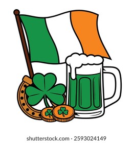 Irish Flag with Beer Mug Clover and Lucky Symbols Illustration