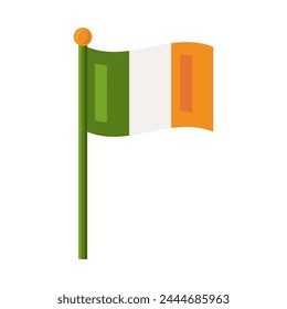 Irish flag fluttering in wind. Ireland banner on flagpole for spring holiday decoration, Happy Patrick party element. Simple cartoon vector isolated on white background