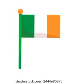 Irish flag fluttering in wind. Ireland banner on flagpole for spring holiday decoration, Happy Patrick party element. Simple cartoon vector isolated on white background