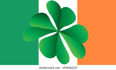 Irish flag of green, white, orange with a luck four leaf clover for St Patricks Day in March. Festive, celebration of pride and fun of Saint patron of Ireland. 