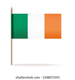 Irish flag on a golden flagpole. Ireland Country flag. Flag of Ireland on flagstaff. Vector illustration isolated on white