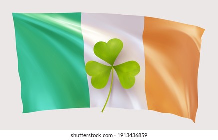 Irish flag on holiday St Patrick day with green shamrock clover. Realistic design elements. Pattern St Patrick's day consisting of shamrock clover in colored Irish flag. Vector illustration.