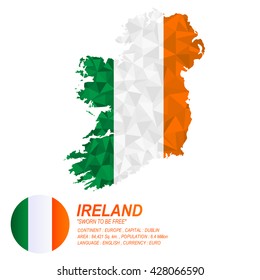 Irish flag overlay on Irish map with polygonal style.(EPS10 art vector)