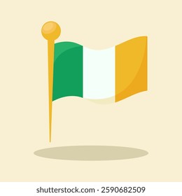 Irish flag pin waves gently.  National pride and cultural identity. Vector illustration.