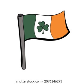 Irish Flag with shamrock. Happy St. Patricks Day hand-drawn decorations. Vector illustration in doodle style.