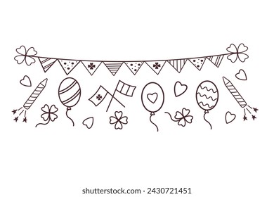 Irish flags, clover, flying balloon. Traditional St. Patrick's day symbols. 