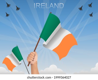 Irish flags fluttering under the blue sky