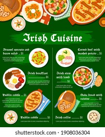 Irish food cuisine menu, breakfast dishes meals, Ireland restaurant vector traditional lunch. Irish cuisine food menu peach pudding dessert, lamb stew and potato pancakes borty with soda bread svg