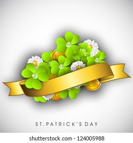 Irish four leaf lucky clovers background with golden ribbon for Happy St. Patrick's Day. EPS 10.