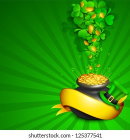 Irish four leaf lucky clovers rays background with golden coins pot, leprechaun hat and golden ribbon  for Happy St. Patrick's Day. EPS 10.