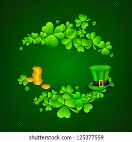 Irish four leaf lucky clovers, golden coins and leprechaun hat background for Happy St. Patrick's Day. EPS 10.