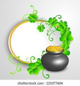 Irish four leaf lucky clovers with golden coins pot, flyer or banner for Happy St. Patrick's Day. EPS 10.