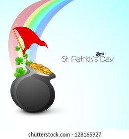 Irish four leaf lucky clovers rays background with golden coins pot and flag  for Happy St. Patrick's Day. EPS 10.