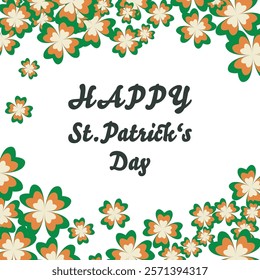 Irish four-leaf clover symbol, tricolour concept greeting card. Traditional flag colours . St. Patrick's spring Celtic culture celebration. Square shape  background, vector illustration, text space