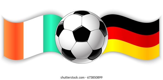 Irish and German wavy flags with football ball. Ireland combined with Germany isolated on white. Football match or international sport competition concept.