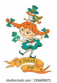 Irish girl with a bird on St. Patrick's day. Vector.