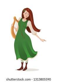 Irish girl in a green dress with a harp. Cartoon character for St. Patricks day. Isolated on white background