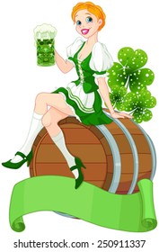 Irish girl sits on the keg and holds mug 