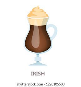 Irish glass of coffee. Brown drink for breakfast with cream. Aroma beverage with milk. Flat vector illustration