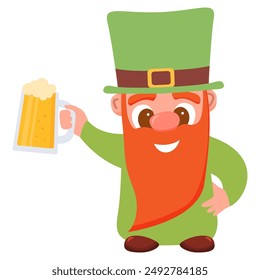 Irish gnome with Happy St Patrick's Day.Leprechaun holding beer mug.Leprechaun in green costumes and hat cartoon characters. invitation to the pub.Ireland traditional holiday symbol to the pub.