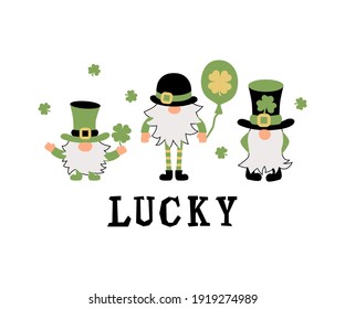 Irish gnomes with clovers. Great for t-shirt design, invitation, St Patrick's day. Vector illustration.