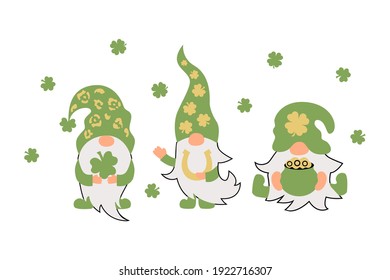 Irish gnomes with clovers, pot of gold and horseshoe. Great for t-shirt design, invitation, St Patrick's day. Vector illustration.
