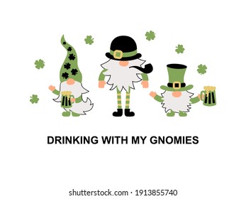 Irish gnomes are drinking beer. Great for t-shirt design, invitation, St Patrick's day. Vector illustration.