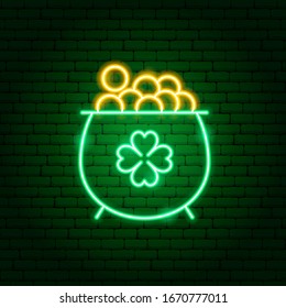 Irish Gold Cauldron Neon Sign. Vector Illustration of Holiday Promotion.