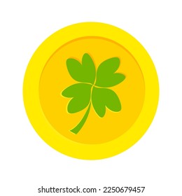 Irish gold coin with clover on St. Patrick Day. Traditional clover leaf on money symbol. Irish coin icon for Saint Patrick's Day. Decorative financial element for Ireland invitation or postcard. 