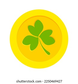 Irish gold coin with shamrock on St. Patrick Day. Traditional shamrock leaf on money symbol. Irish coin icon for Saint Patrick's Day. Decorative financial element for Ireland invitation or postcard.