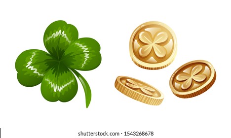 Irish gold coins with the symbols of clover with four petals, St. Patrick's Day as a symbol of incredible great luck, luck, wealth. Vector illustration isolated.