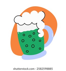 Irish green beer mug. Vector illustration. Glass mug of foamy beer. Alcoholic drink, beverage. Isolated design element, object. 