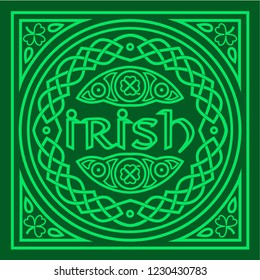 Irish green emblem, Celtic weaving and patterns. Circle, inscribed in a square with a corner and central ornament.