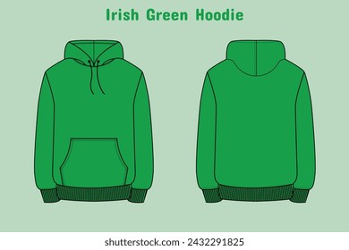 Irish Green hoodie sweatshirt in front, back and side views. Vector sweatshirt or sportswear clothing with hood illustration.