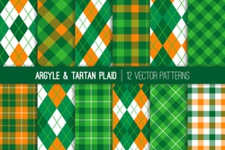 Irish Green, Orange, White Argyle And Tartan Plaid Vector Patterns. St Patrick's Day Backgrounds. Golf Theme Event Party Decor. Preppy Fashion Textile Prints. Repeating Pattern Tile Swatches Included.
