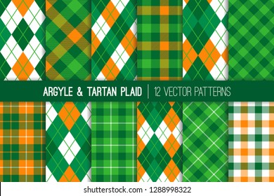 Irish Green, Orange, White Argyle and Tartan Plaid Vector Patterns. St Patrick's Day Backgrounds. Golf Theme Event Party Decor. Preppy Fashion Textile Prints. Repeating Pattern Tile Swatches Included.