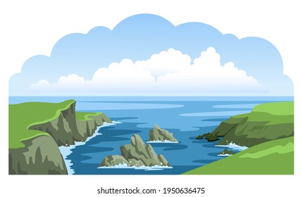 Irish green rocky coastline. Seascape panoramic view. Ocean landscape with big cloud. Nature hand-drawn illustration.