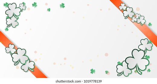 Irish greeting card composition with green clover and orange strips on white background. Vector illustration with copy space.