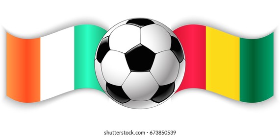Irish and Guinean wavy flags with football ball. Ireland combined with Guinea isolated on white. Football match or international sport competition concept.