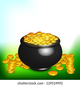 Irish happy St. Patrick's Day background with gold coins and pot.