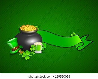 Irish Happy ST. Patrick's Day background with gold coins pot, leprechaun hat, beer mug, shamrock leaves and green ribbon. EPS 10.