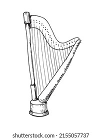 Harp Irlandés. Ilustración de Vector dibujado a mano del instrumento de música clásica vintage. Esbozo de Lyre en estilo doodle